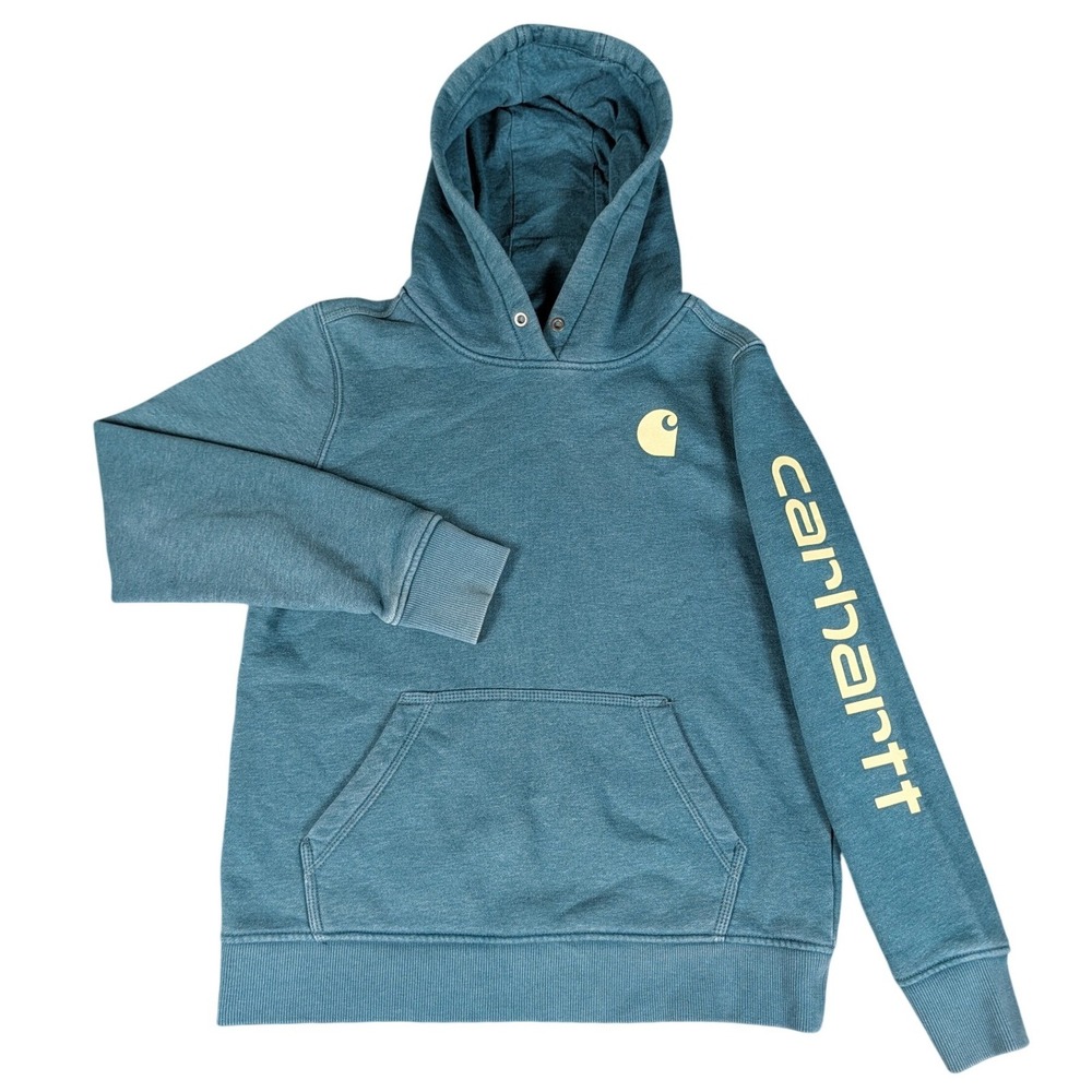 Carhartt Relaxed Fit Pullover Women's Hoodie Teal Blue Sleeve Logo Sweatshirt